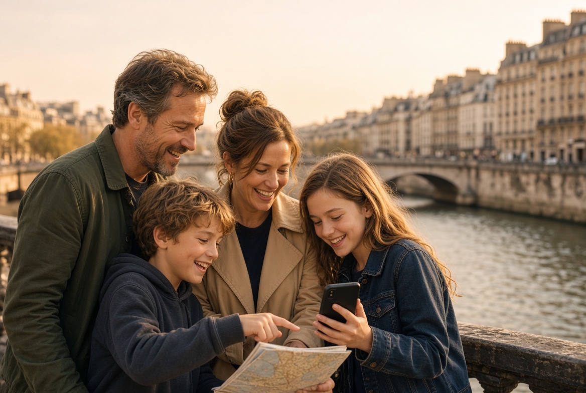 A family of four working out their next move on a Paris bridge at golden hour