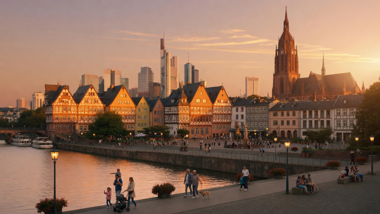 Frankfurt riverfront at sunset with the cathedral and old town