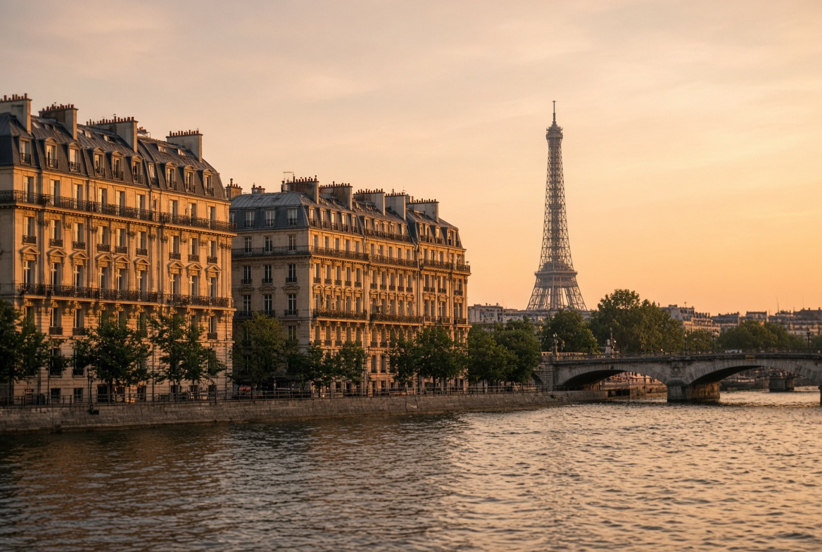 Paris along the Seine at sunset with the Eiffel Tower