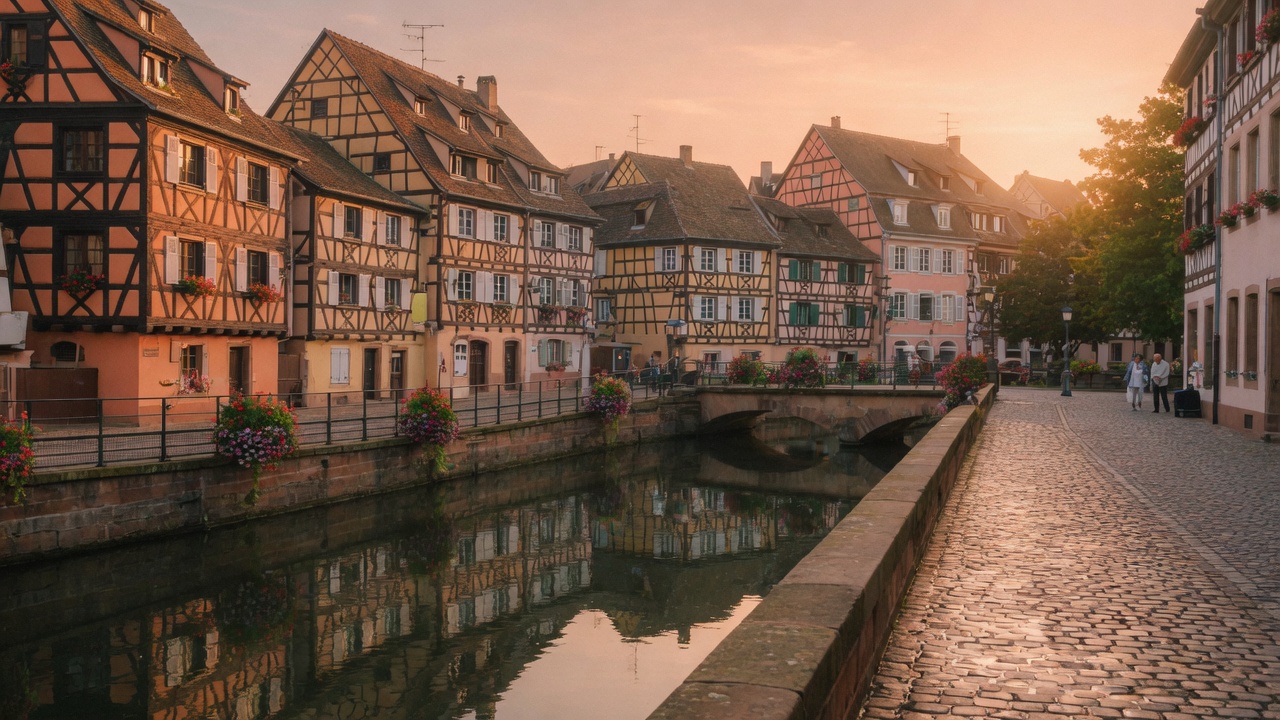 Half-timbered houses along a canal in Petite France, Strasbourg, at sunset
